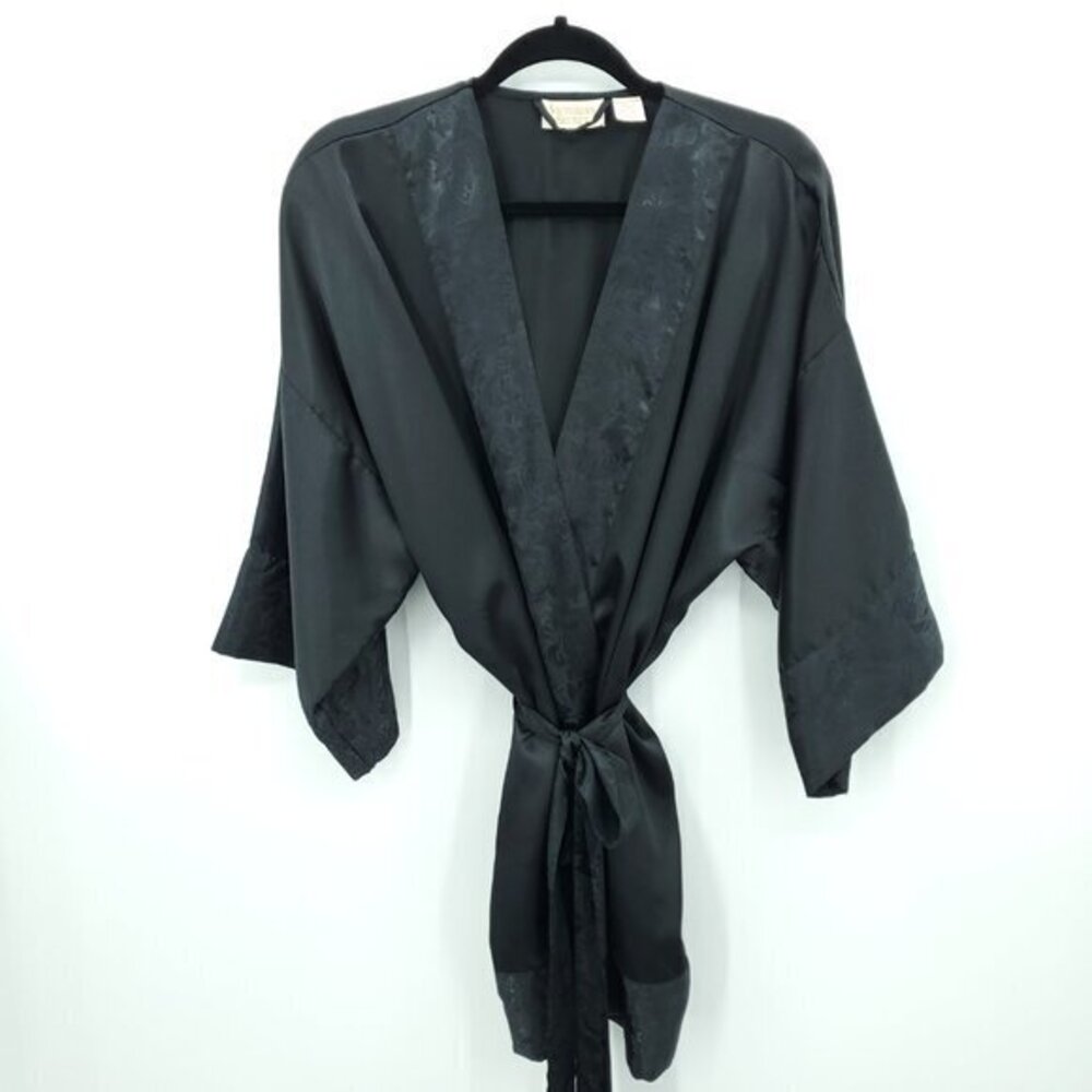 VTG 80s/90s Victoria's Secret Gold Lable Black Satin Mini Robe With Sash OS